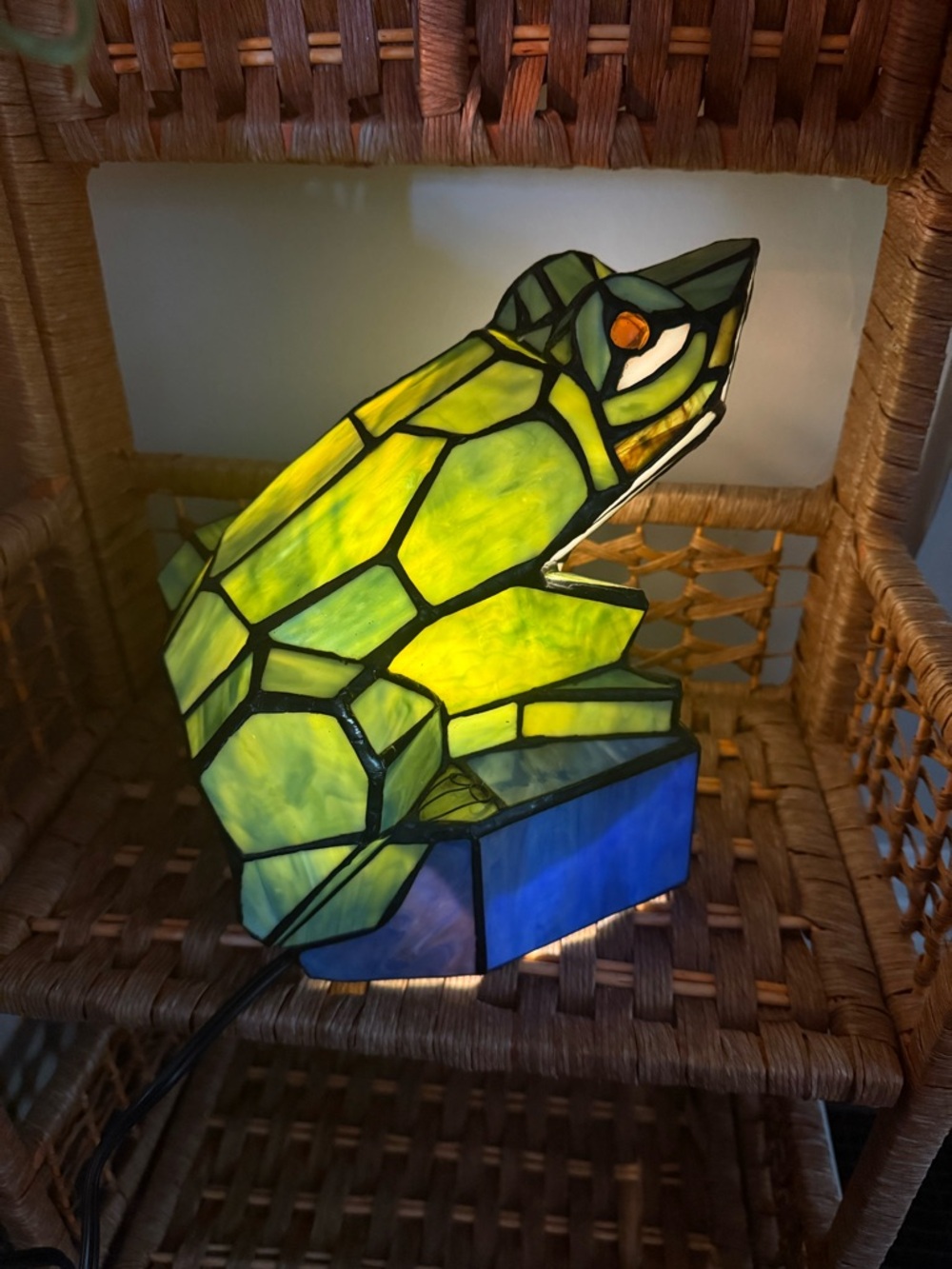 Tiffany-Style Frog Stained Glass Accent Lamp - Lime Green & Cobalt